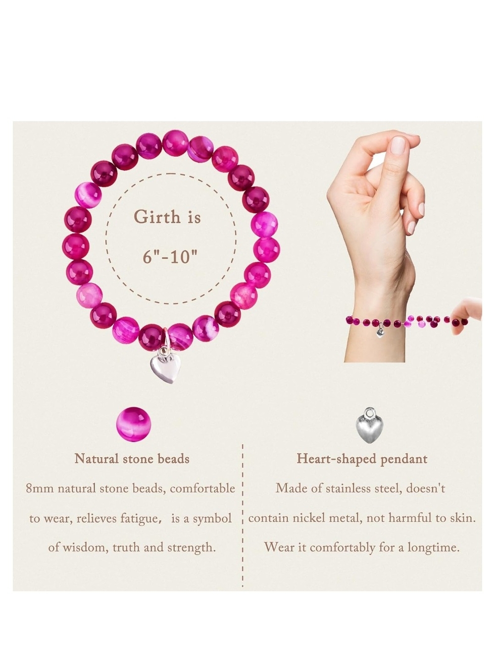 Pink Agate Heart Charm Bracelet for Anxiety Relief - Picture 2 of 2